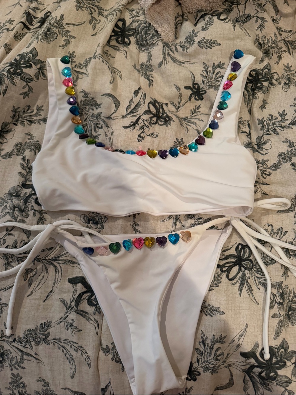 White Women's Bikini Set with Multicolor Heart Gems